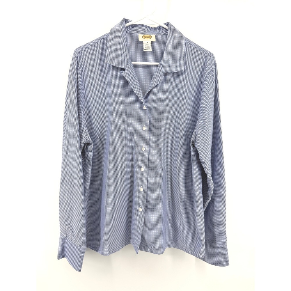 Talbots Button Down Shirt Women 16 Blue White Cotton Long Sleeve Top